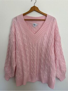 Princess Polly Pink V-Neck Cable Knit Oversized Jumper Sweater L/XL Like New